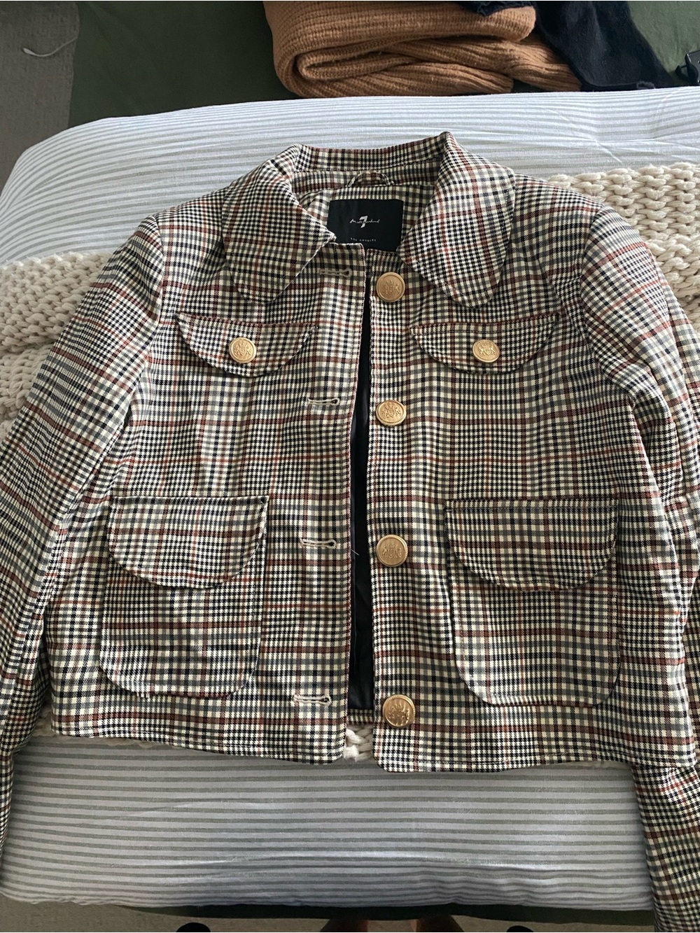 7 For All Mankind Plaid Cropped Jacket with Gold Buttons